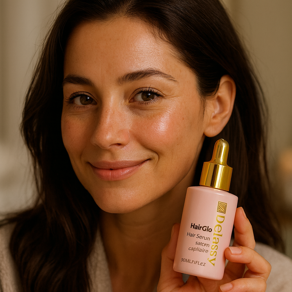 Woman holding a pink bottle of HairGlo hair serum with a gold pump.